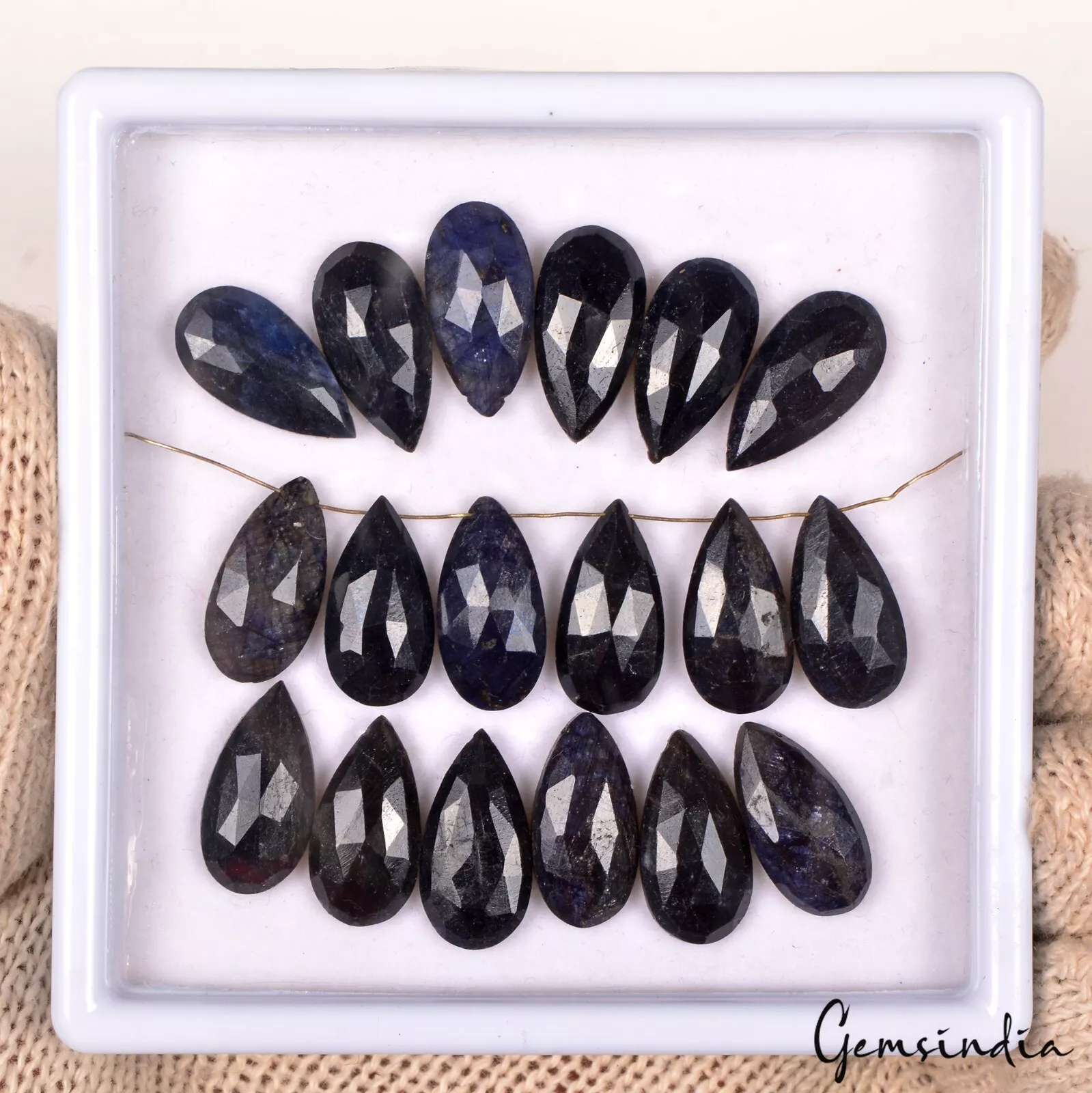 18 Pc Natural Blue Sapphire Pear Checker Cut 19x10mm Drill Bead Gems For Jewelry