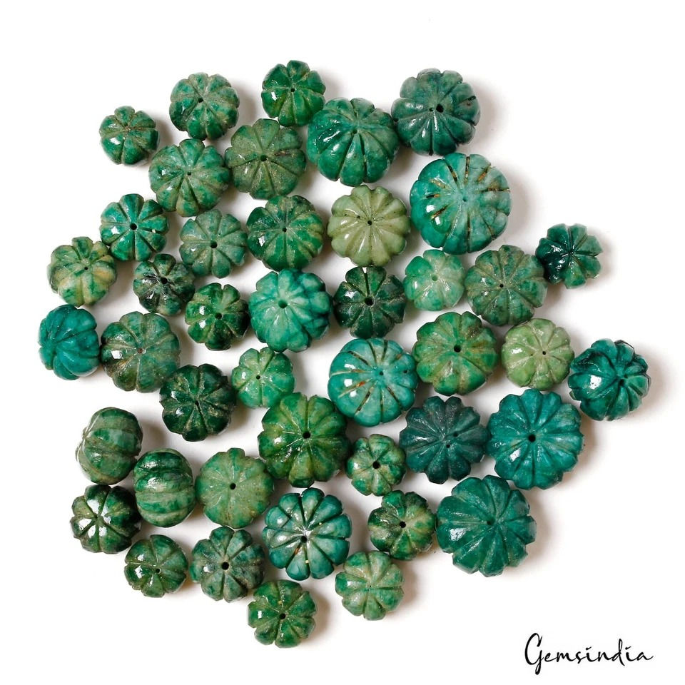Thumbnail: 650 Ct Natural Green Brazilian Emerald Pumpkin Carving Loose Drilled Beads Gems