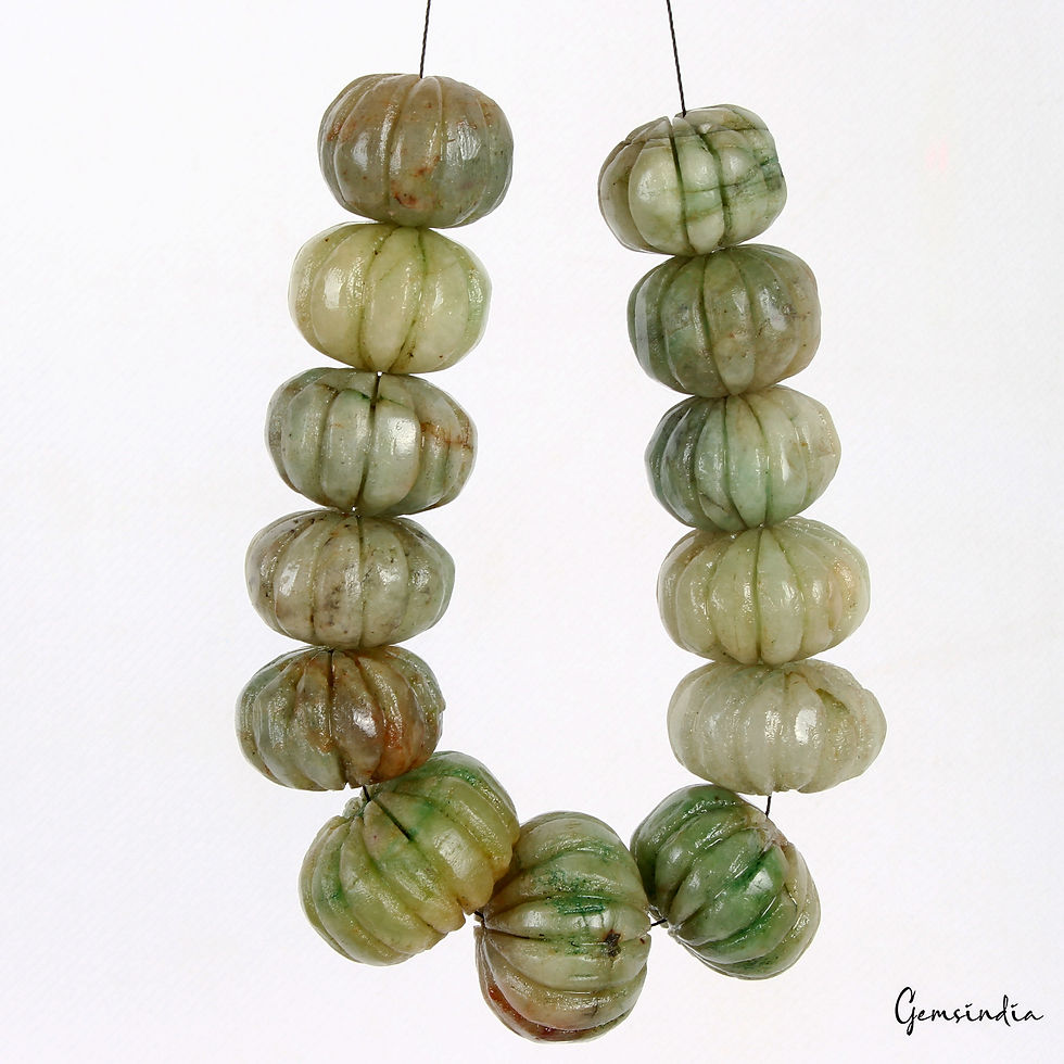 Thumbnail: 700 Cts Natural Green Emerald Melon Beads Drilled Carved Loose Gemstones 13 Pcs