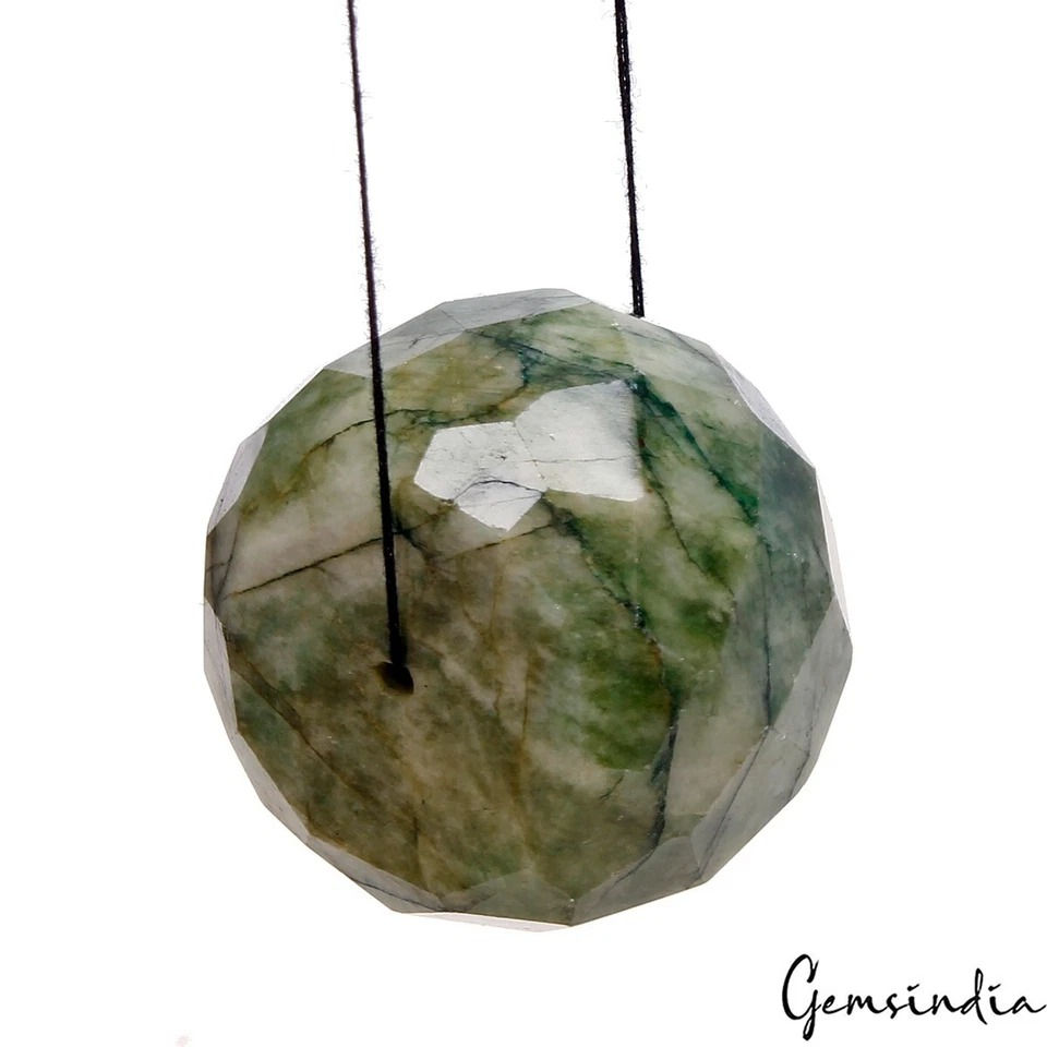 Thumbnail: 197 Ct Natural Green Emerald Round Faceted 32mm Drilled Huge Size Bead Gemstone