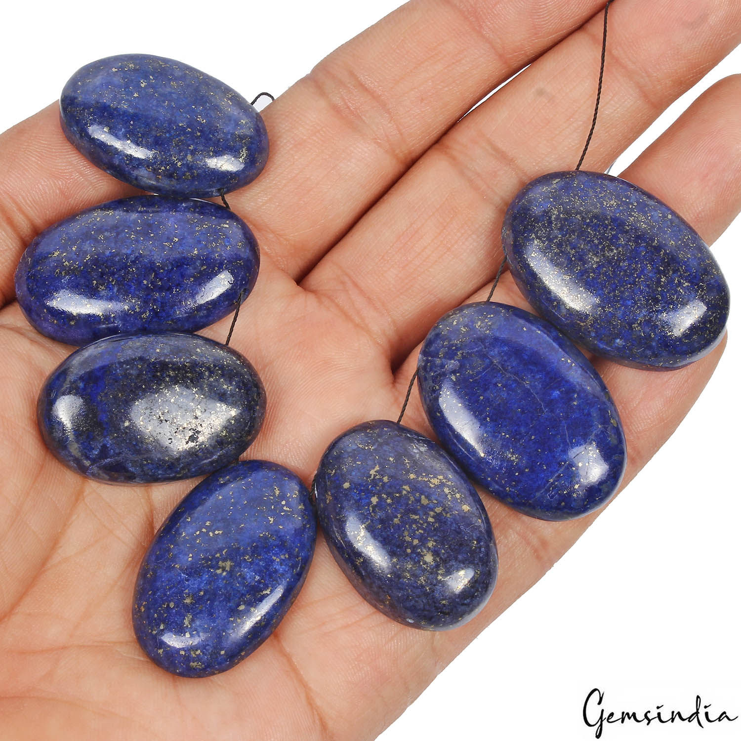 380 Ct/7Pcs Natural Blue Lapis Lazuli Gold Pyrite Oval Side Drill Loose Bead Gem