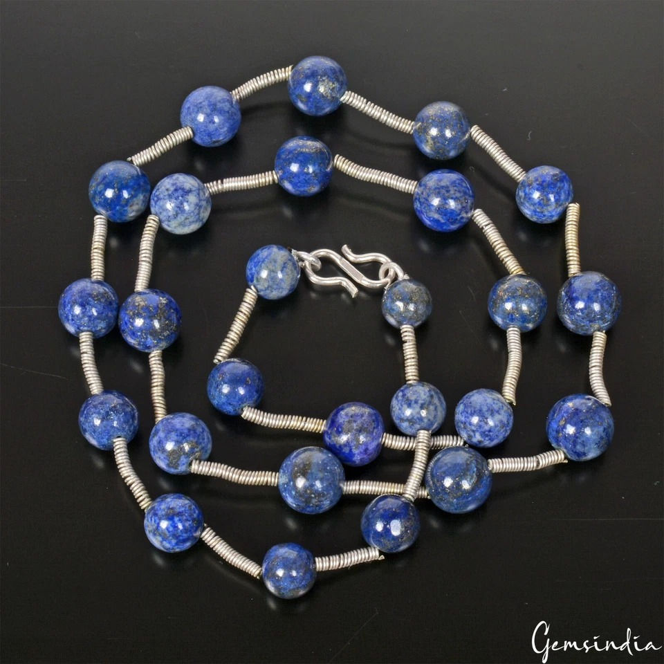 Thumbnail: 197.10 Ct Natural Blue Lapis Lazuli Round Cab Beaded Single Strand Necklace 20in