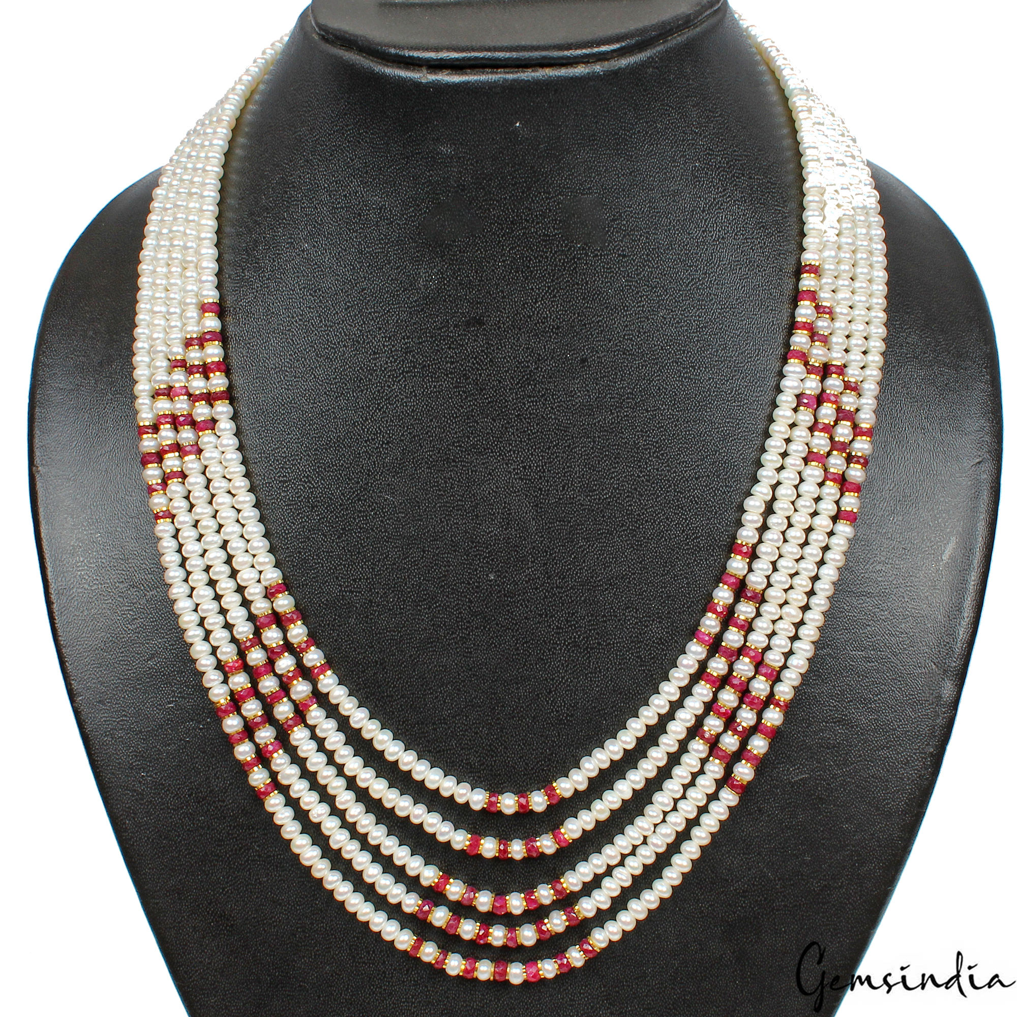 300 Cts Genuine Ruby & Pearl Multi Strands Beaded Handmade Women Necklace 22"