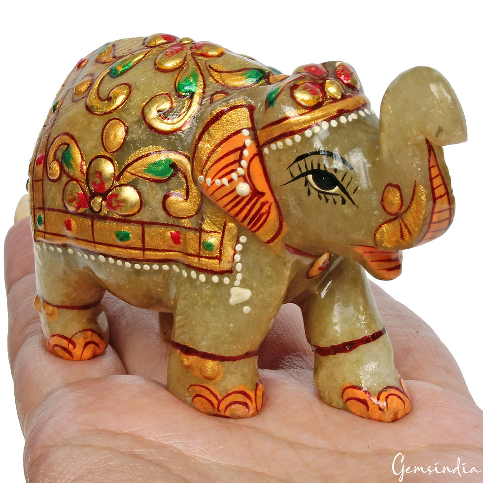 Miniatura: 830 Ct Hand Crafted Gold Painted Trunk Up Elephant Natural Aventurine Sculpture
