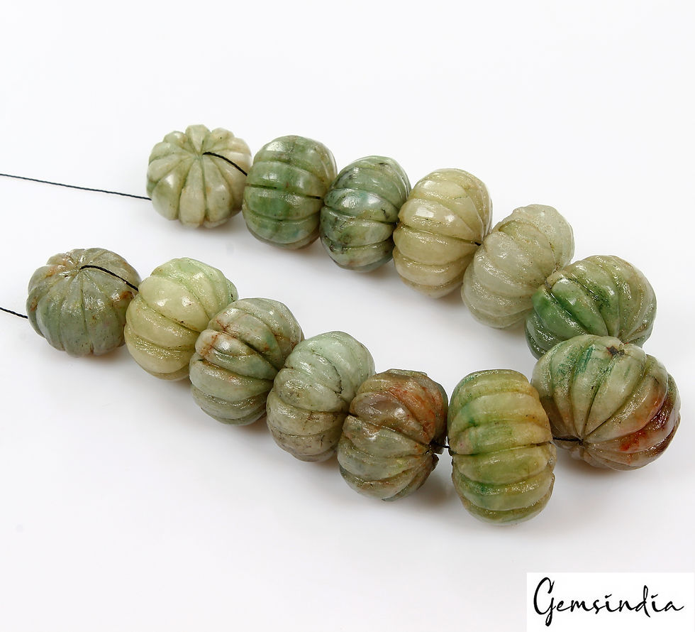 Thumbnail: 700 Cts Natural Green Emerald Melon Beads Drilled Carved Loose Gemstones 13 Pcs