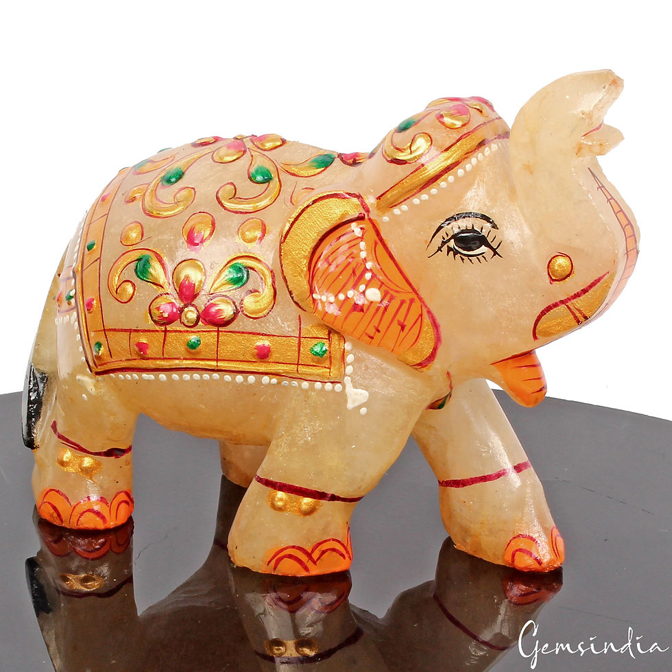 1830 Ct Hand Crafted Gold Painted Trunk Up Elephant Natural Aventurine Sculpture