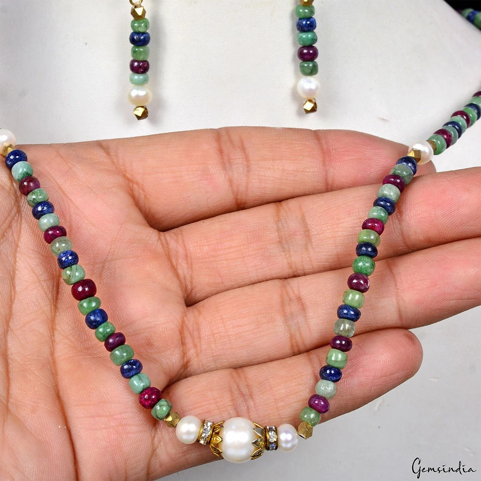 Miniaturbild: 134.50 Ct Natural Multi Color Emerald Ruby Sapphire Gem Round Beaded Jewelry Set