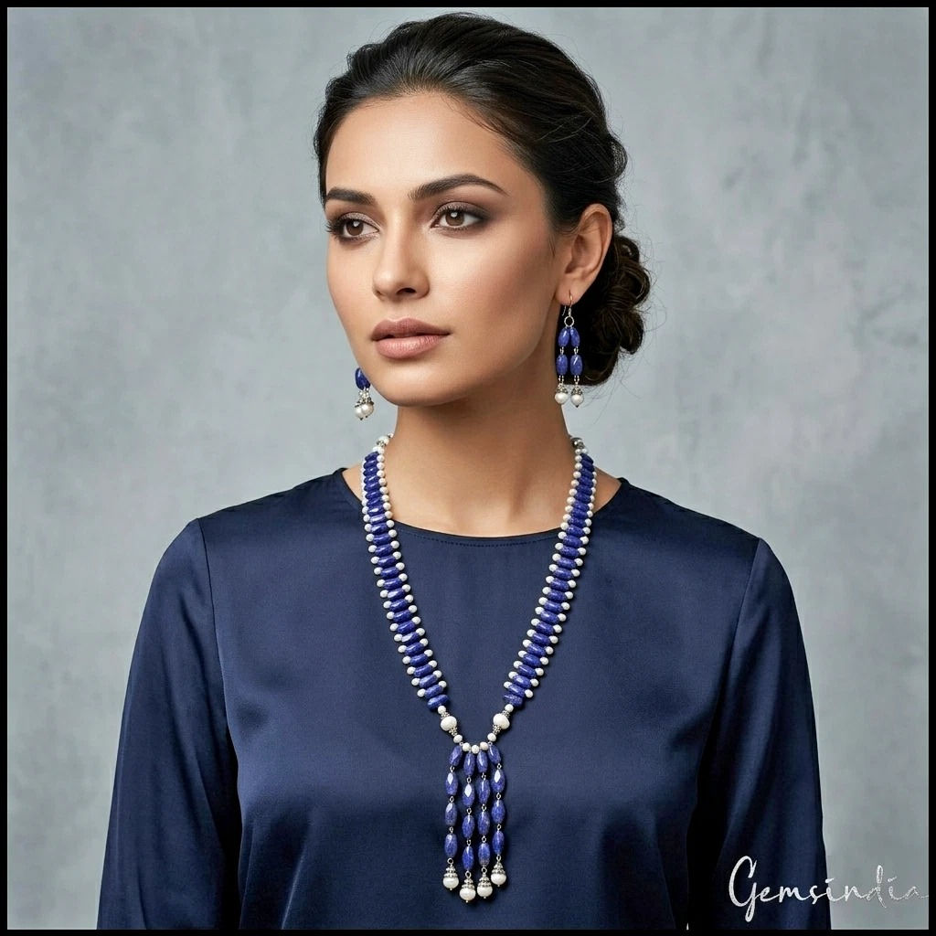 485 Ct Blue Lapis Lazuli & Freshwater Pearl Beaded Gem Handmade Necklace Set 25"