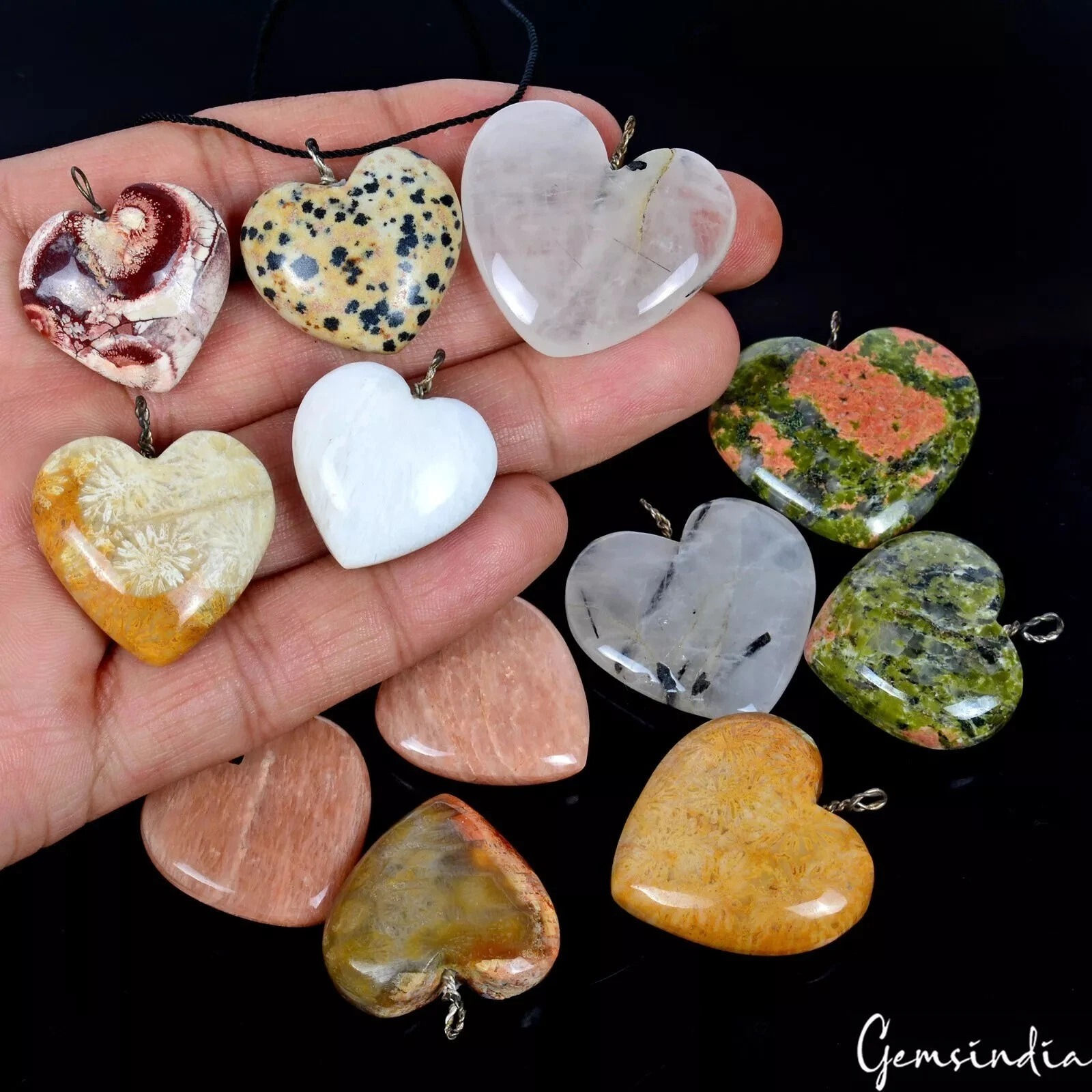 680 Ct/12 Pcs Natural Untreated Multi Color Gems Heart Shape/Wire Loops Pendants