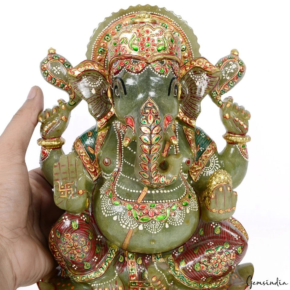 Thumbnail: 5.1 Kg Natural Aventurine Singlestone Carved Lord Ganesha Gold Paint Sculpture
