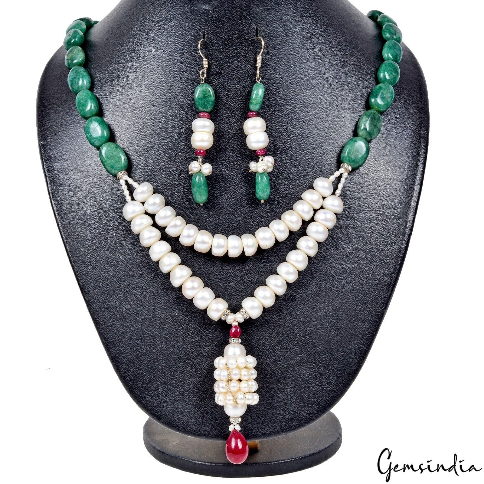 590 Ct Natural Emerald Freshwater Pearl Beaded Designer Necklace Set For Women