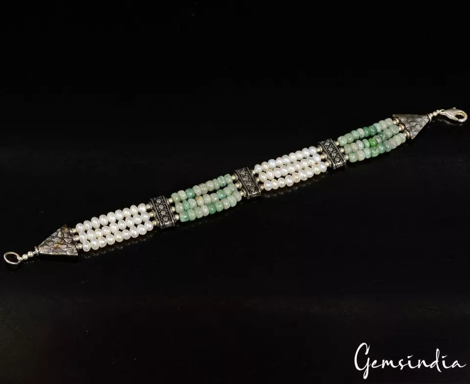 Miniaturbild: 85. Ct Natural Emerald Pearl Round Beaded Oxidised Silver Handmade Bracelet 7.5”