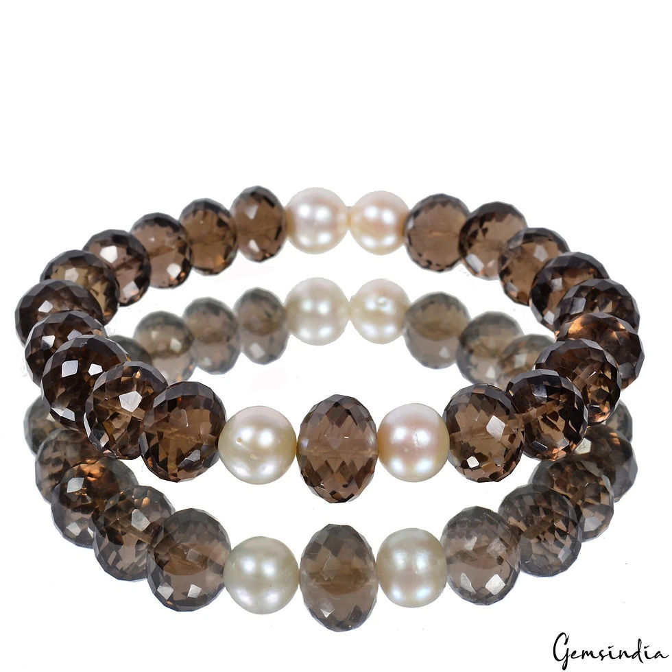 Thumbnail: 101.40 Ct Natural Brown Smoky Quartz & Pearl Beaded Stretch Handmade Bracelet-7"