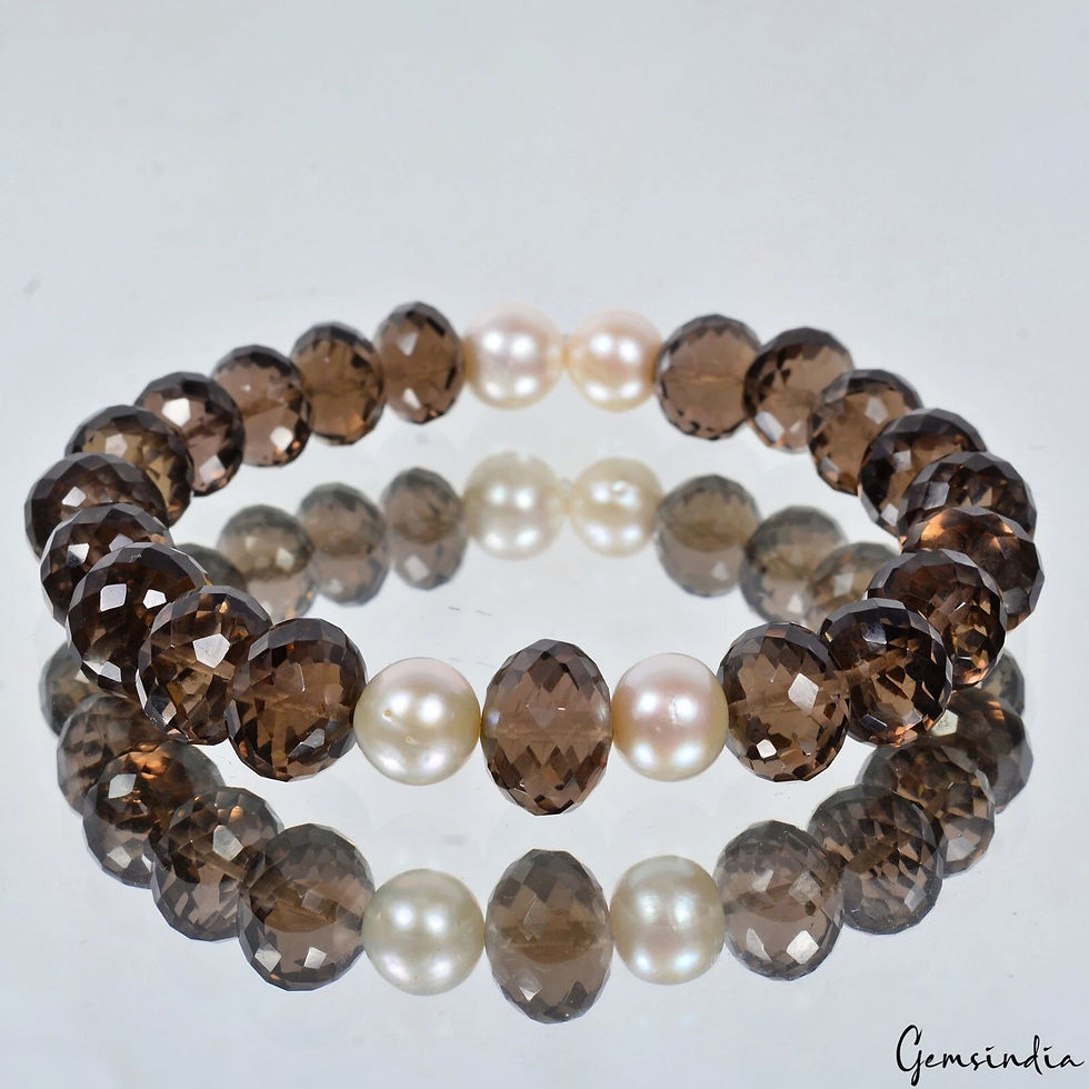 Miniaturbild: 101.40 Ct Natural Brown Smoky Quartz & Pearl Beaded Stretch Handmade Bracelet-7"