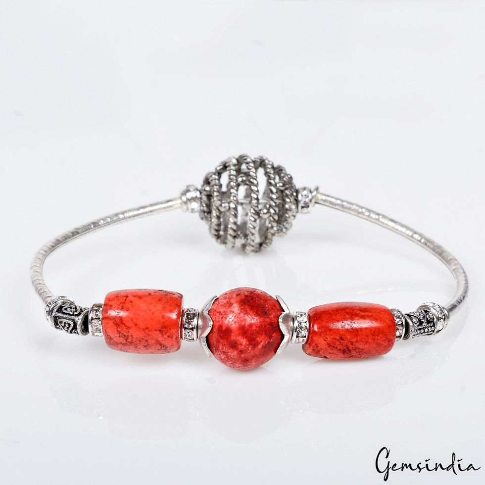 Miniatura: 90.60 Cts Dark Orange Coral Gem Silver Stretchable Designer 6.5 Inch Bracelet