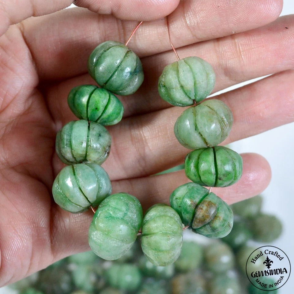 Thumbnail: 1000 Ct Natural Green Emerald Pumpkin Carving Drilled Loose Beads Lot 65 Pcs