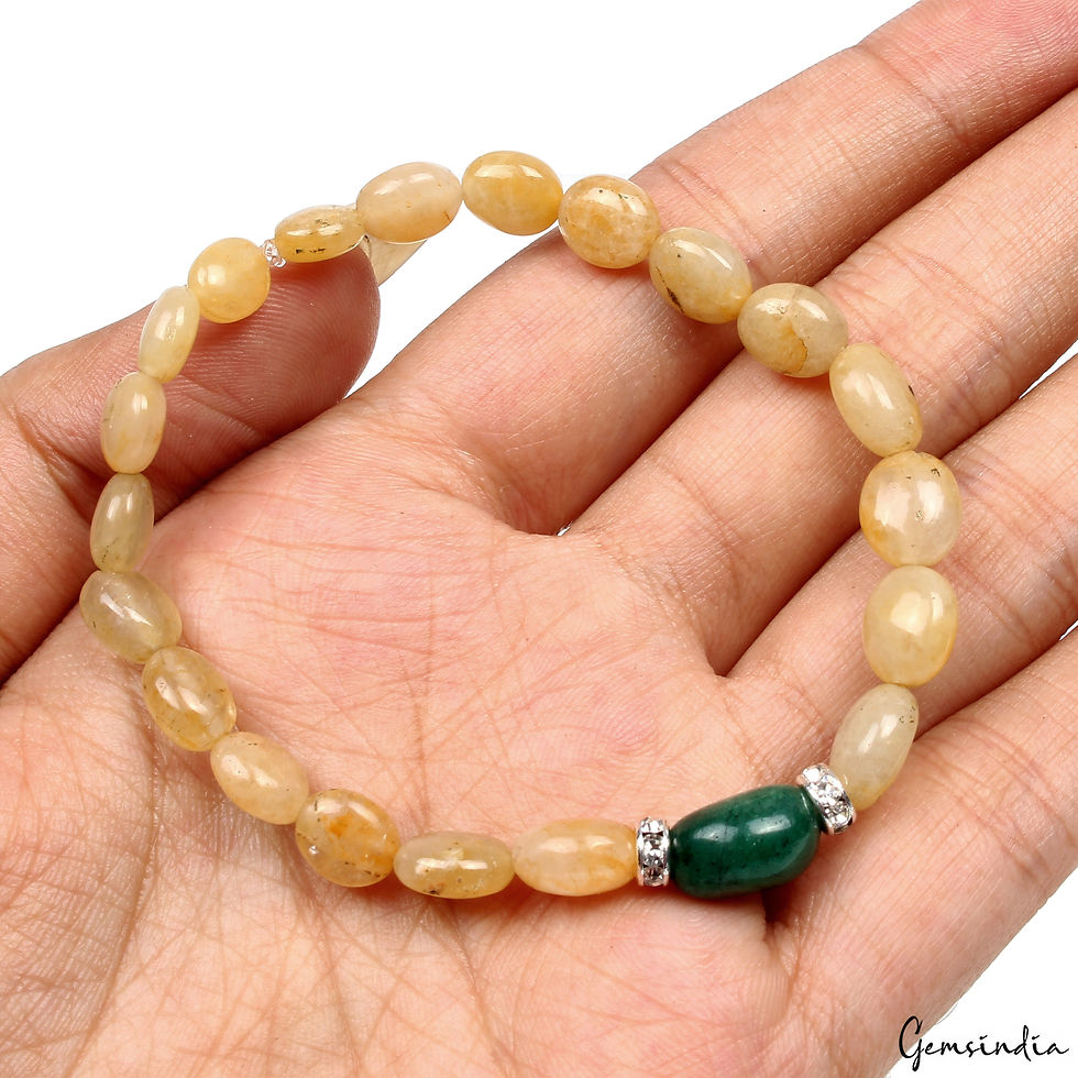 Thumbnail: 6.5" Beautiful Yellow Quartz & Emerald Beads Handmade Designer Bracelet Jewelry