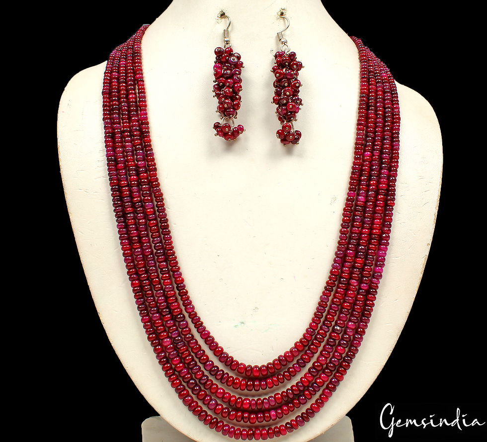 Thumbnail: 644.60 Ct Natural Red Ruby Round Cab Beaded 5 Strand Handmade Necklace & Earring
