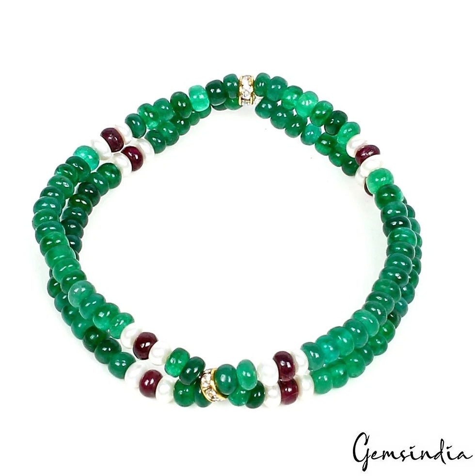 Miniaturbild: 60.40Ct Natural Emerald Ruby Pearl Round Bead Stretchable Handmade Bracelet 6.5"