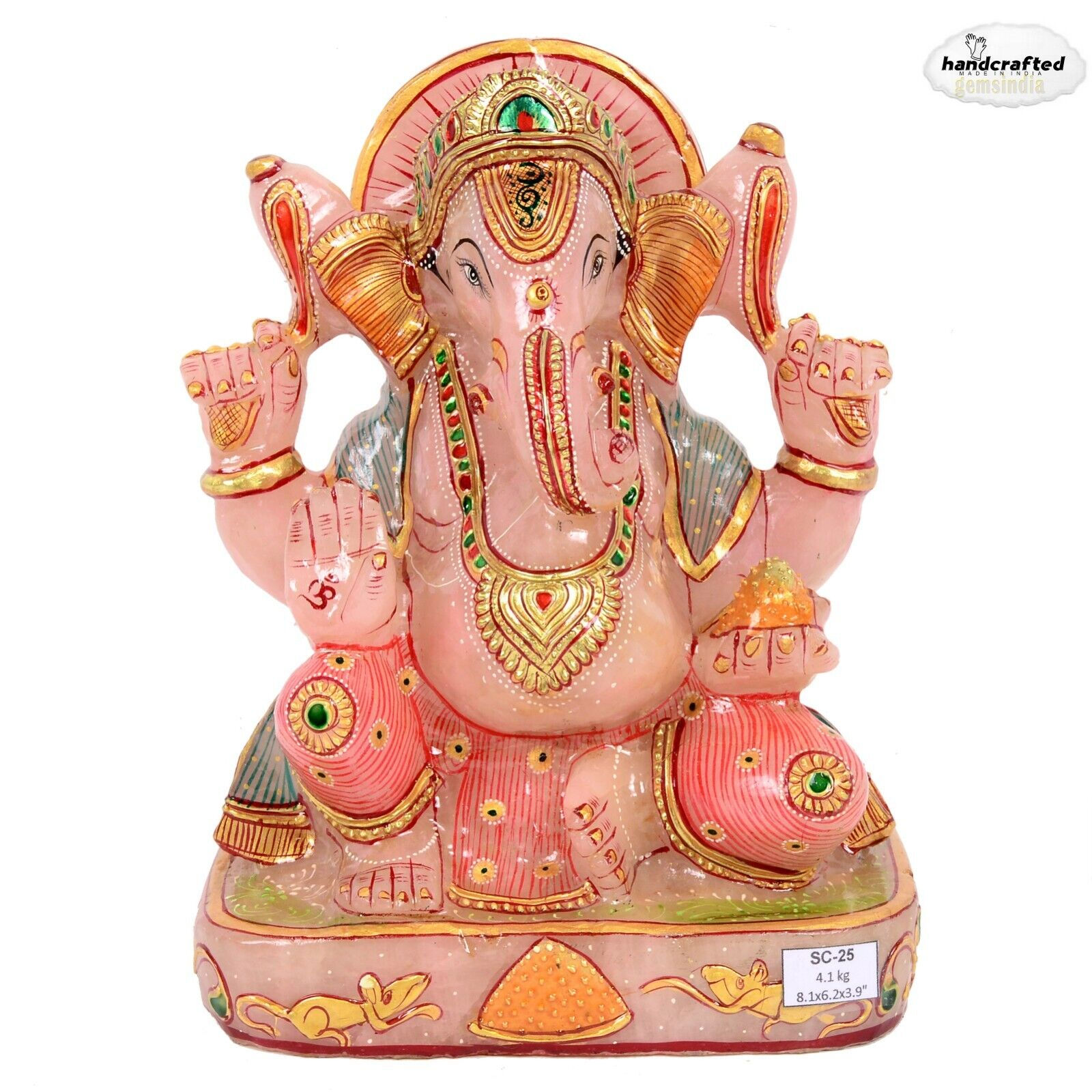 Large 4.1 Kilo Rose Quartz Hand Crafted Gold Painted Ganesha Home Idol Sculpture