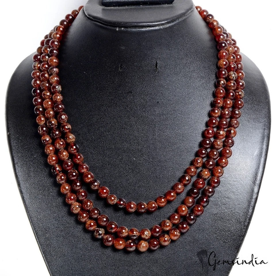 Thumbnail: 3 Strand Hessonite Garnet Amazing 827 Ct Beaded Stunning 7-8mm Necklace Jewelry