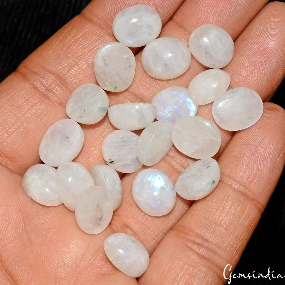 サムネイル： Lot 20 Pcs Natural Rainbow Moonstone Blue Fire 12mmx10mm Oval Cabochon Gemstones