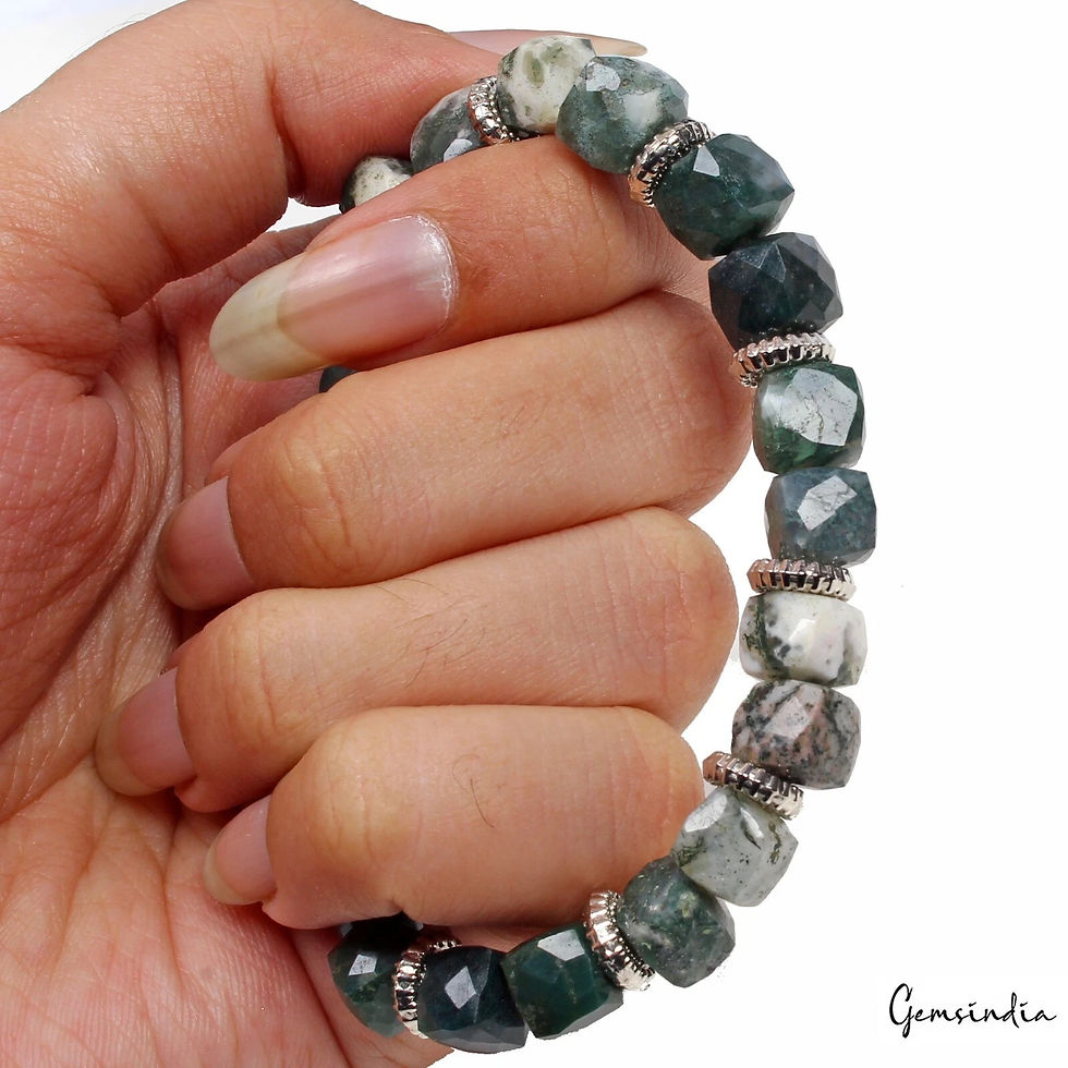 Thumbnail: 92.10Ct Natural Untreated Bi-color Moss Agate Dice Cut Bead Stretchable Bracelet
