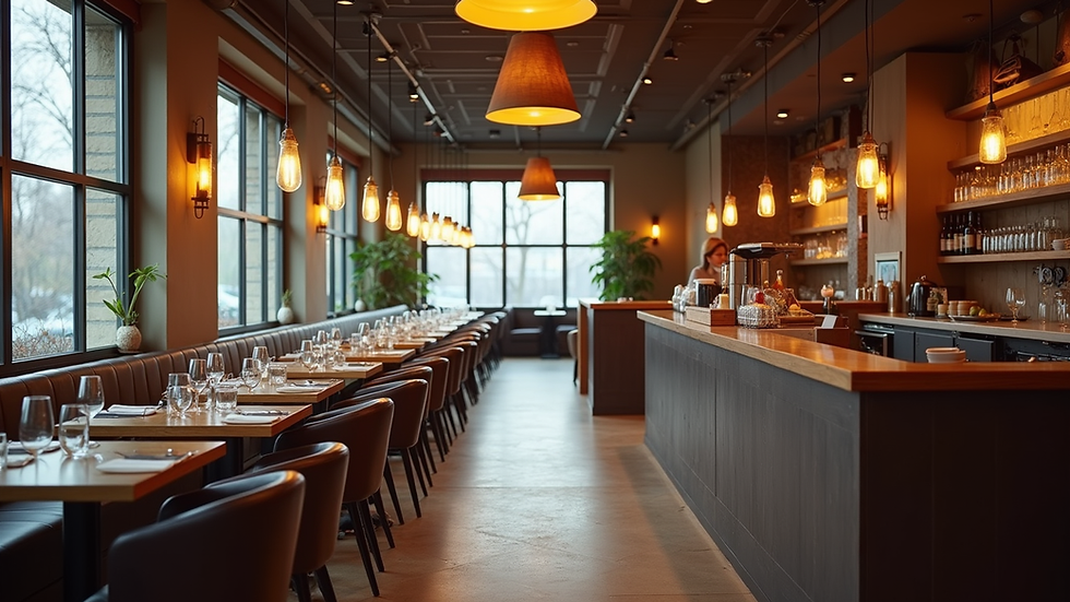 Eye-level view of restaurant dining area with modern decor