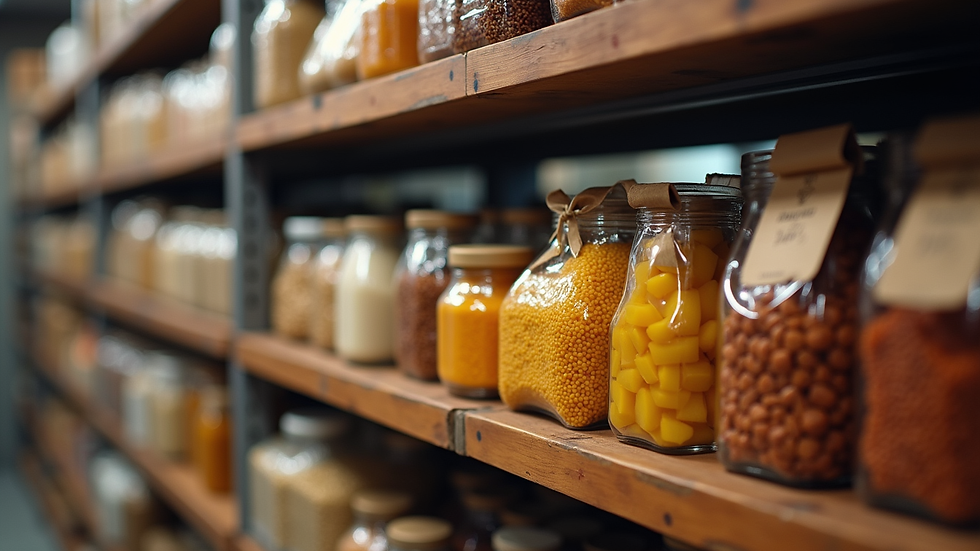 Close-up view of a restaurant inventory shelf with organized food supplies