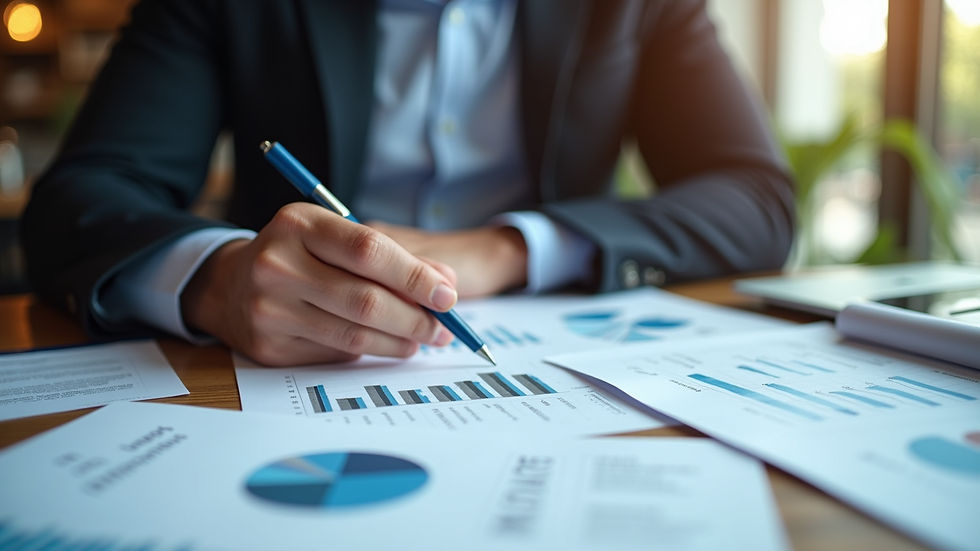 Close-up view of a consultant reviewing restaurant financial reports