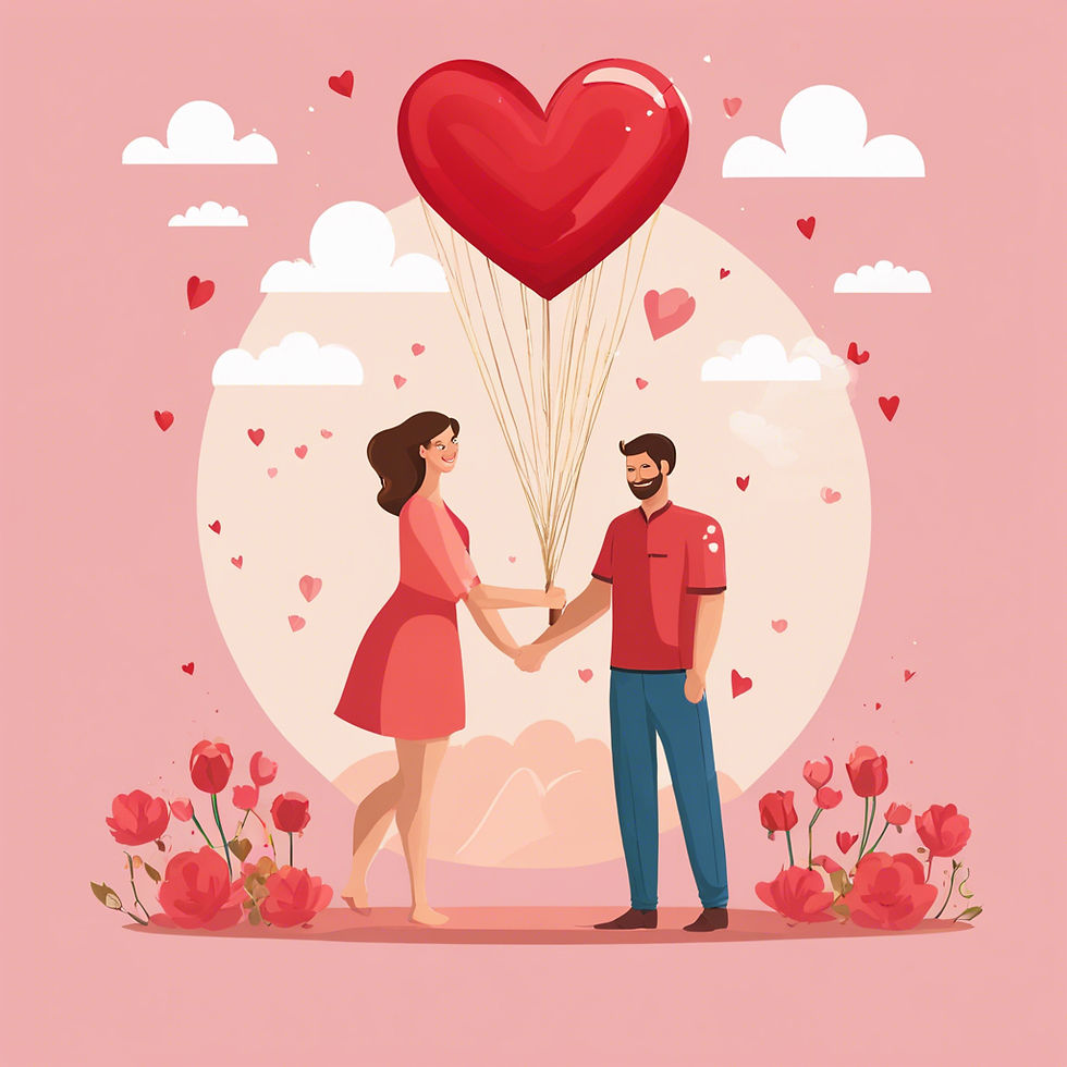 A couple joins hands as the woman holds a bouquet of heart shaped balloons.