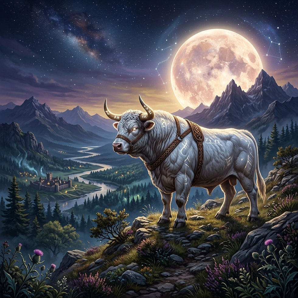 A white bull stands a top a hillside as a full moon rises in the sky behind it.