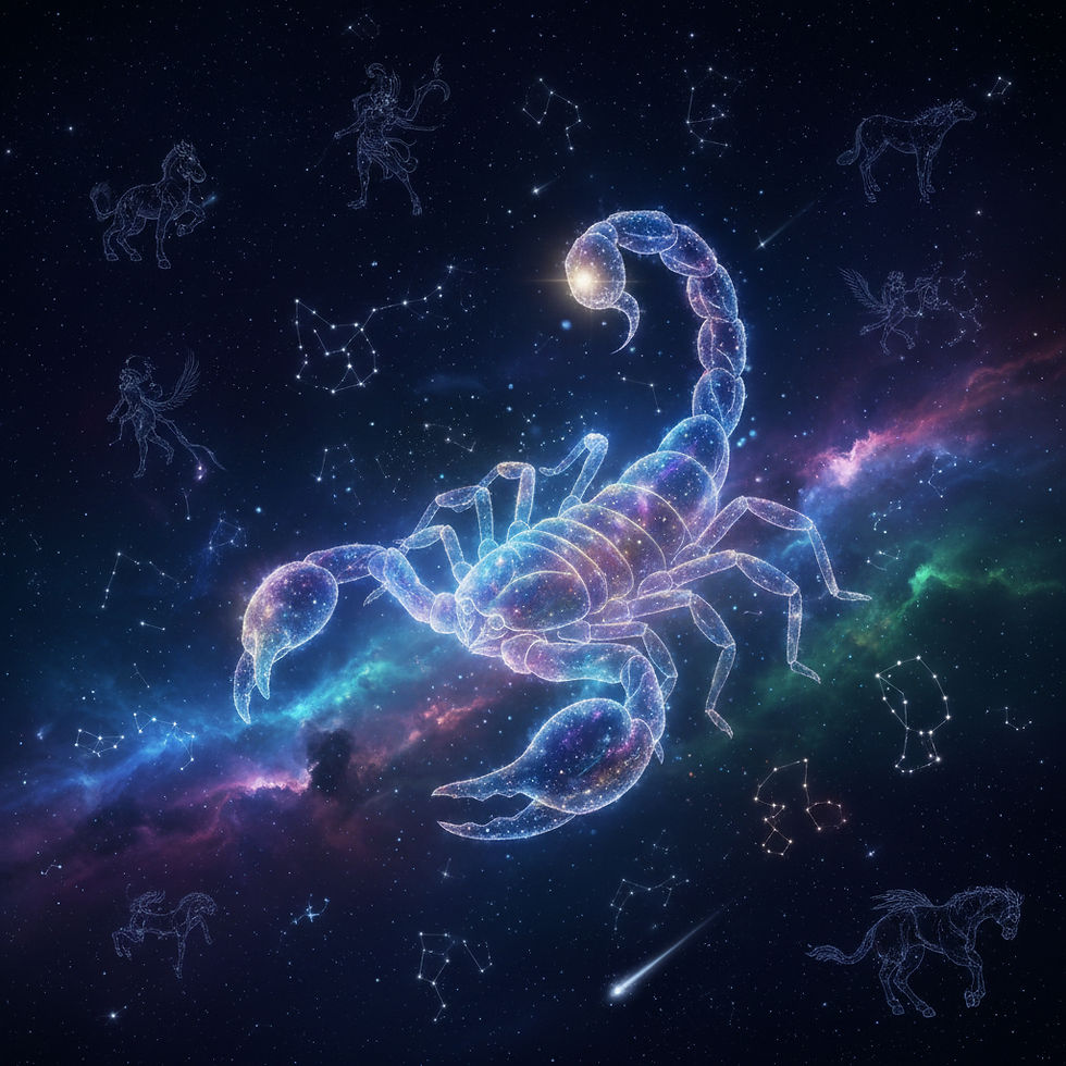 A transluscent Scorpio sits atop the milky way surrounded by other astrological formations.