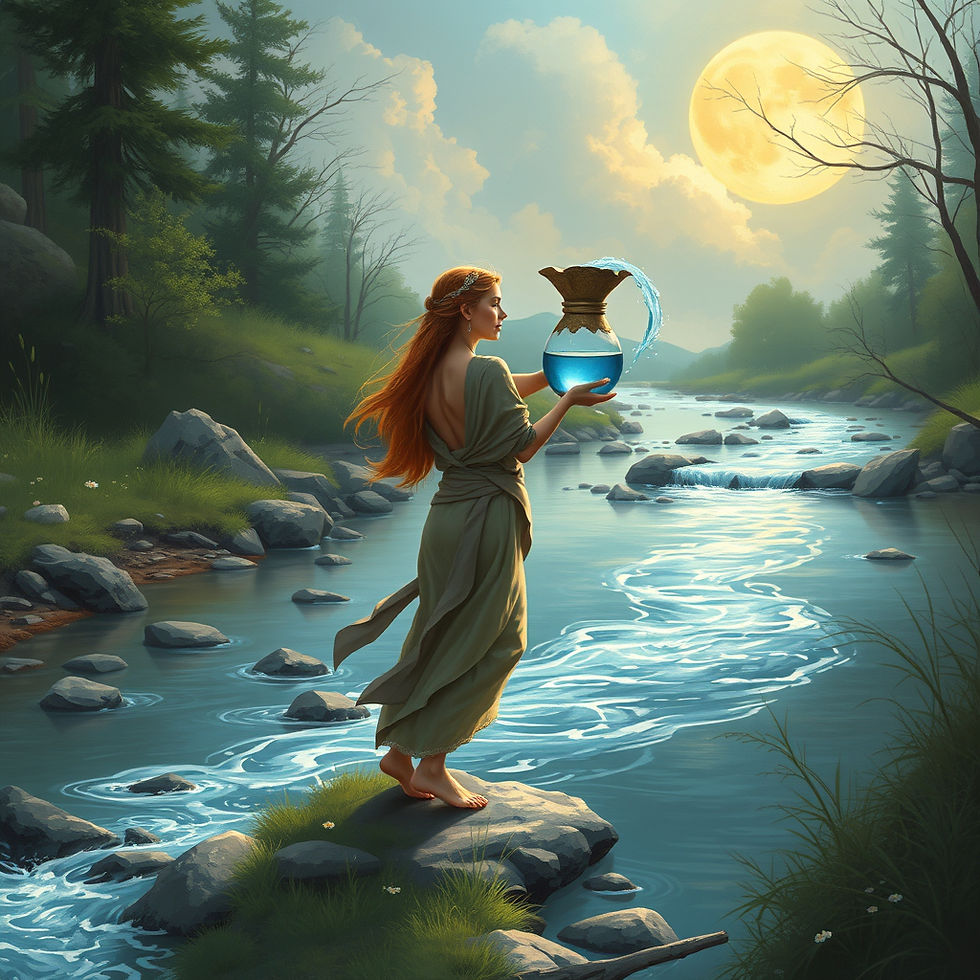 A woman holds a vase filled with water as she stands on rock in the middle of a stream.