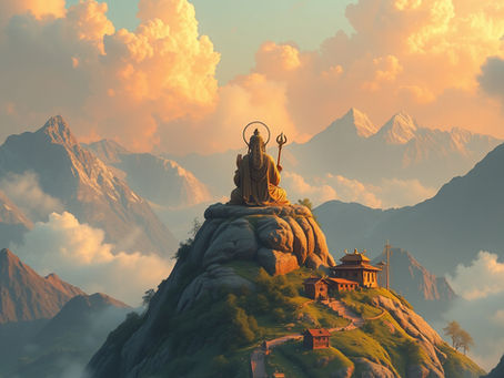 A spiritual guru sits high upon a mountiantop.