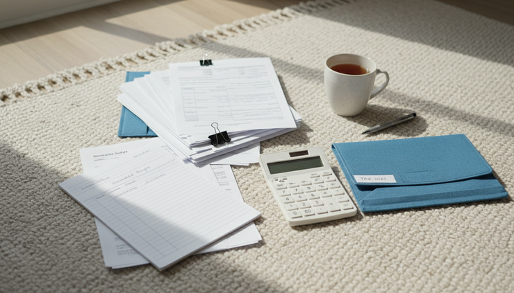 Overhead view of organized tax papers, a handwritten budget, and a folder on a living room floor.