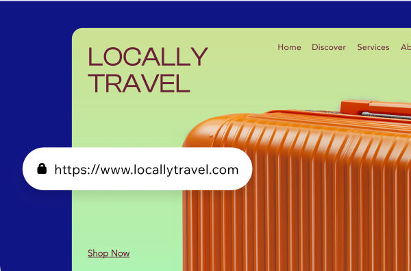 A business website for “locally travel” gets a matching domain name through Wix’s domain name search. 