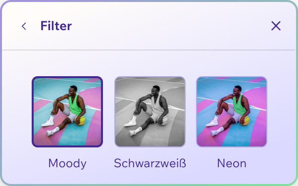 Ein Pop-up-Fenster zeigt die Designoptionen Moody, Schwarzweiß und Neon zur Auswahl an.
