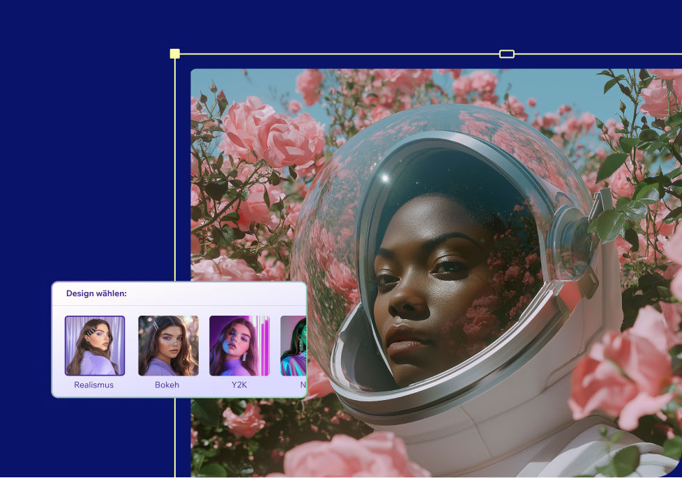 An einem Bild einer Frau mit einem Astronauten-Helm und rosa Blumen im Hintergrund werden verschiedene KI-Stile ausprobiert.