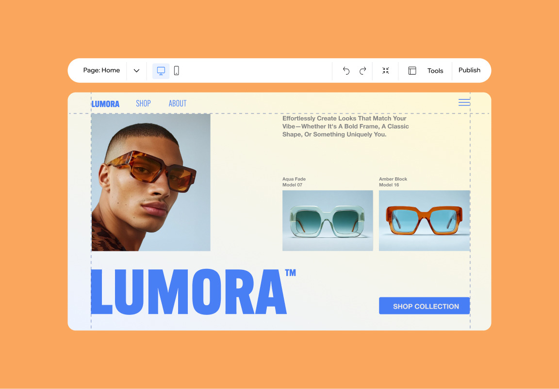 An example of a sunglasses store website built on an affordable domain using the Wix editor.