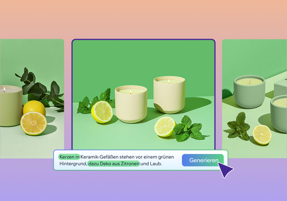 Kerzen in Keramikgefäßen vor einem grünen Hintergrund. Daneben liegen als Deko zwei halbe Zitronen und Melissenblätter.