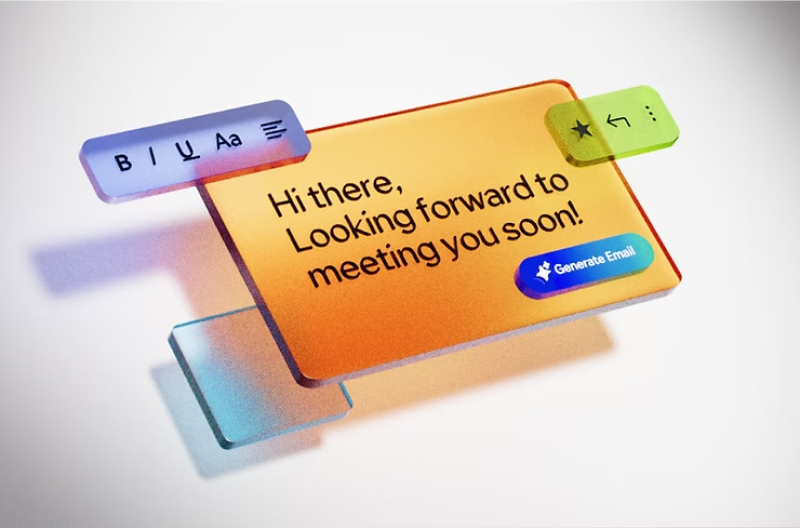Colorful elements overlaid showing a message in an inbox.