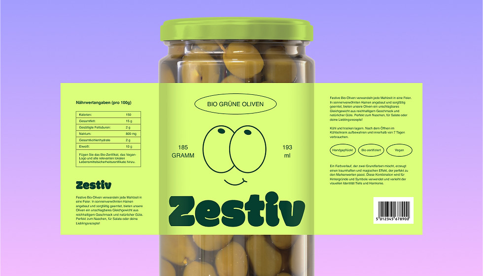 Ein Glas Oliven vor einem violetten Hintergrund. A label with the brand name "Zestiv", the brand logo and additional information is automatically placed around the glass.
