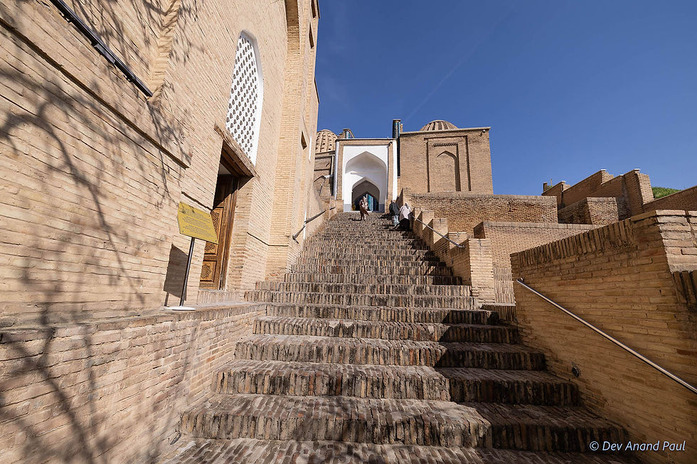 A steep staircase leading into Shah-i-Zinda, a necropolis in Samarkand, Uzbekistan
