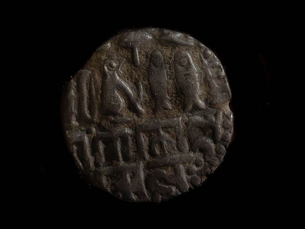 A coin of Emperor Rajendra Chola, featuring the Chola emblem of a seated tiger with two fish, and his name inscribed below in Nagari script, issued to commemorate his military conquests
