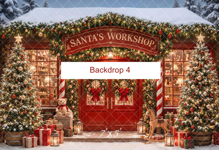 Santa's Workshop Christmas mini session backdrop for family holiday photos in Englewood, NJ.