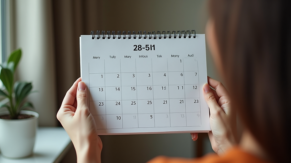 Close-up view of a woman holding a calendar with marked dates