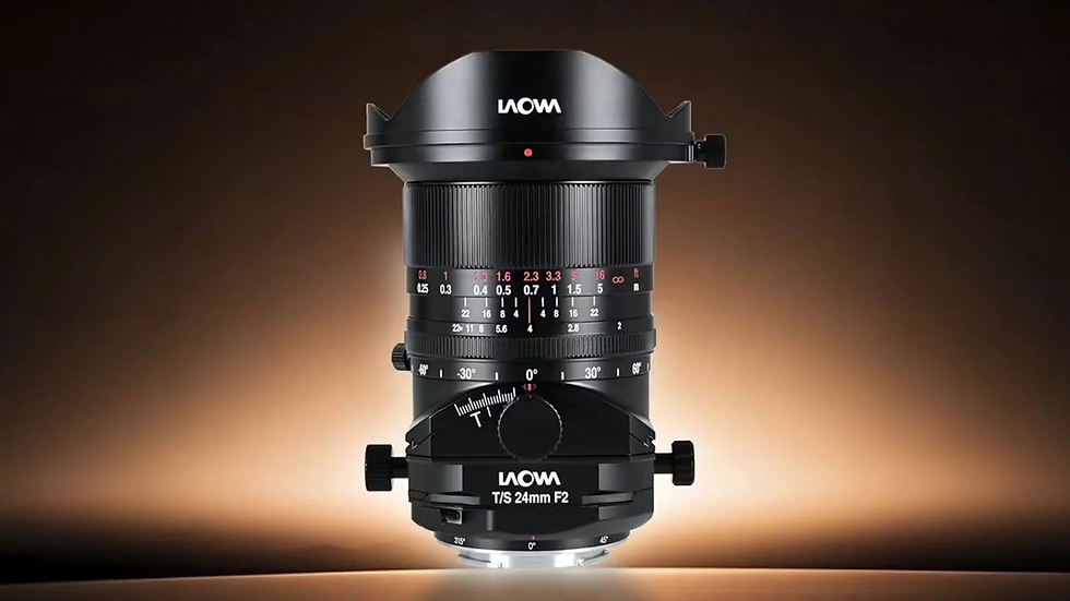 LAOWA T/S 24mm F2 camera lens centered on a warm gradient background, black with focus and tilt markings.
