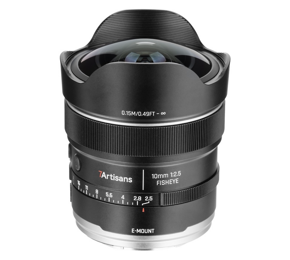 Black 7Artisans 10mm fisheye camera lens on white background, with lens markings and E-mount text visible.