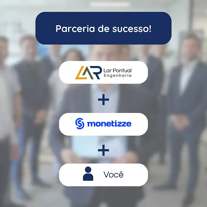 Imagem com logotipos da Lar Pontual Engenharia, Monetizze e um ícone de pessoa com "Você", conectados por sinais de mais, e a frase "Parceria de sucesso!" em azul, promovendo uma colaboração para afiliados no cálculo de reformas.